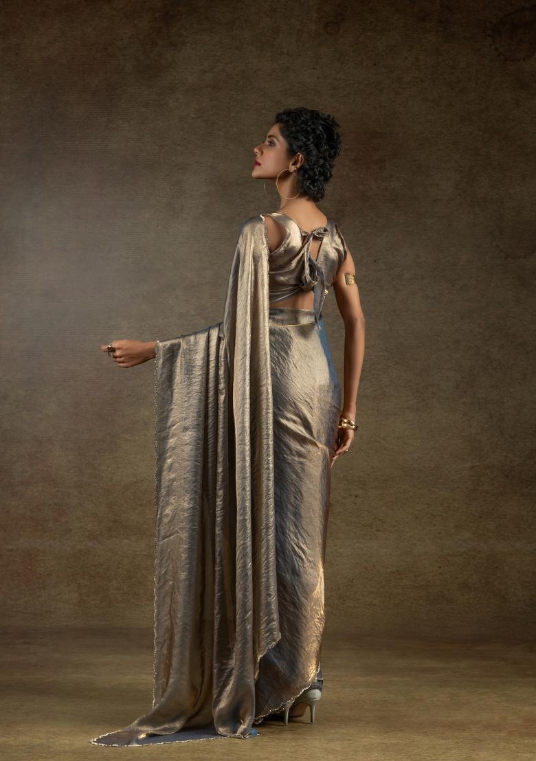 Grey Embellished Satin Silk Saree Set With Blouse