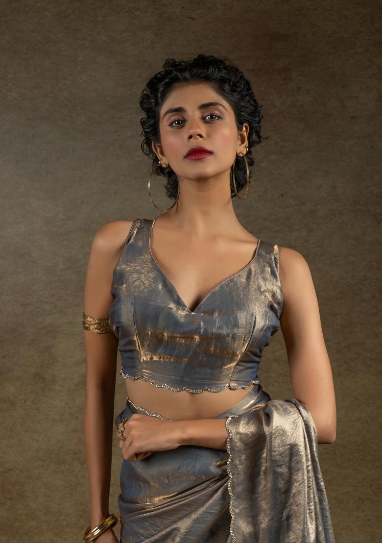 Grey Embellished Satin Silk Saree Set With Blouse