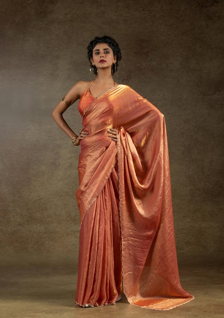 Orange Embellished Satin Silk Saree Set With Blouse