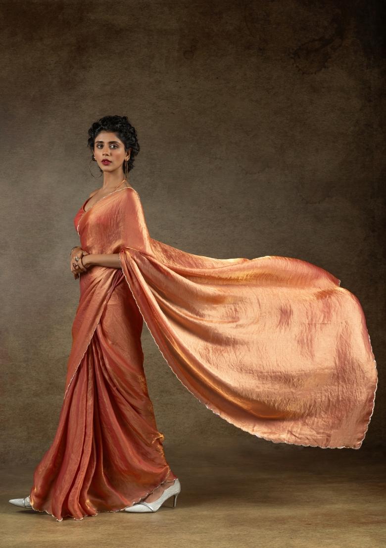 Orange Embellished Satin Silk Saree Set With Blouse