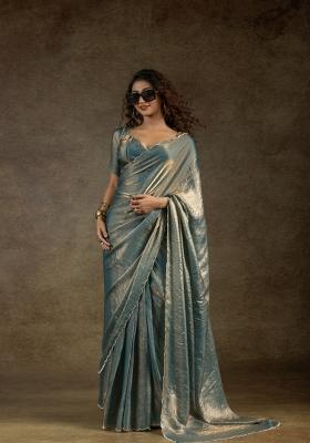 Turquoise Blue Embellished Satin Silk Saree Set With Blouse