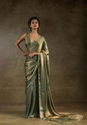 Chiku Brown Embellished Satin Silk Saree Set With Blouse