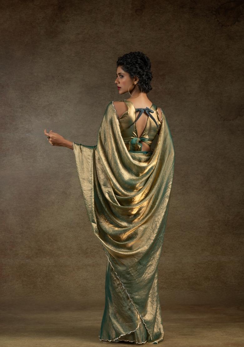 Chiku Brown Embellished Satin Silk Saree Set With Blouse