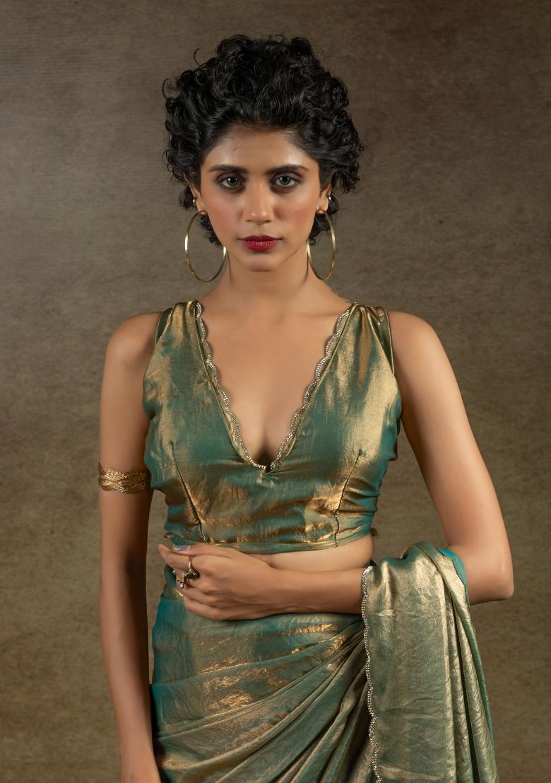 Chiku Brown Embellished Satin Silk Saree Set With Blouse