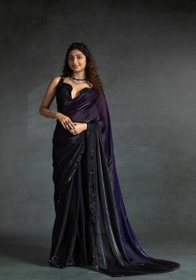 Purple Embellished Satin Silk Saree Set With Blouse