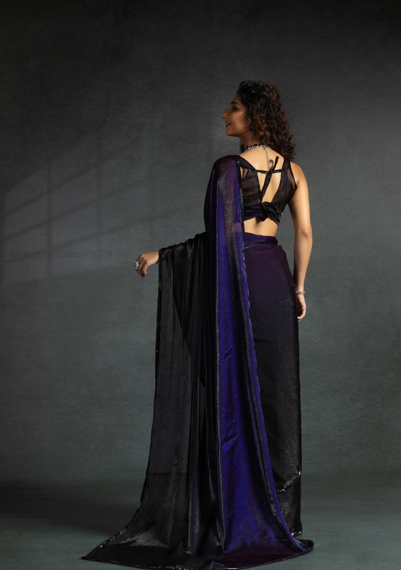 Purple Embellished Satin Silk Saree Set With Blouse