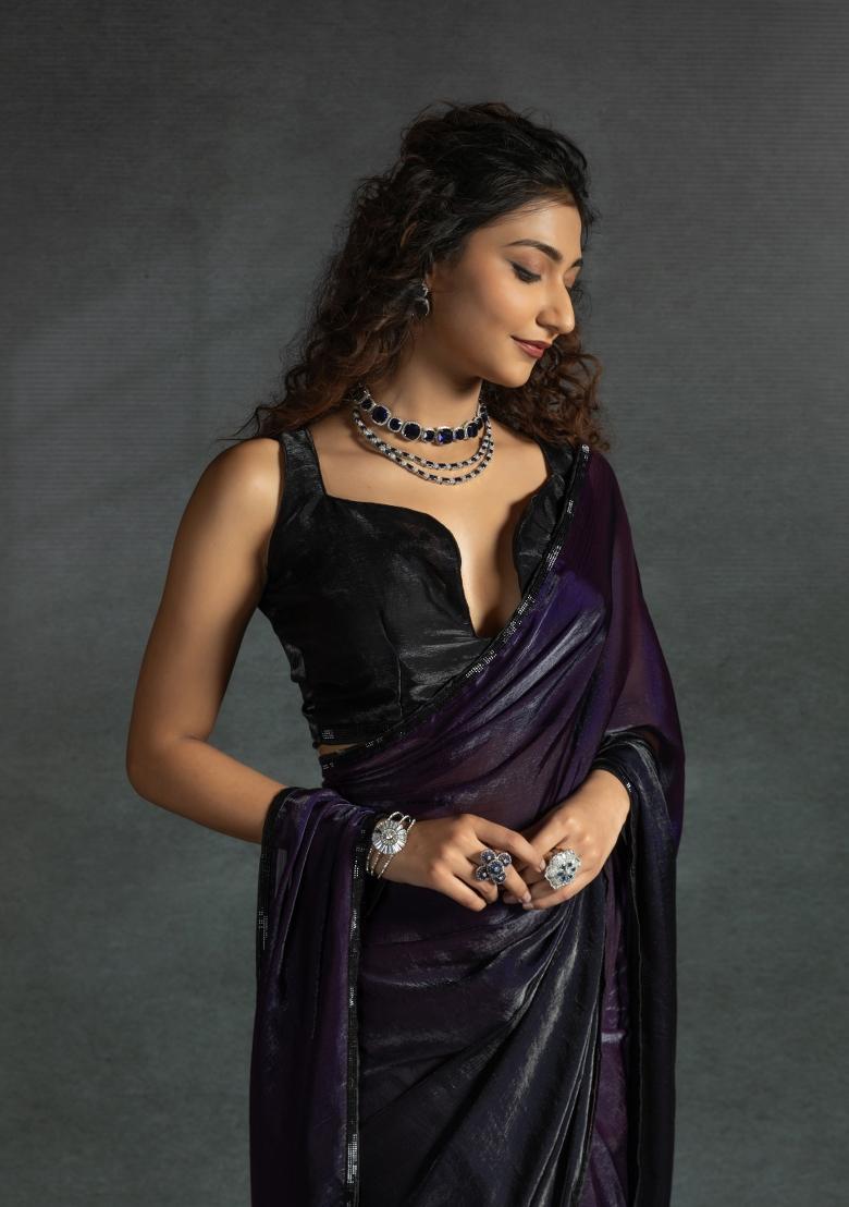 Purple Embellished Satin Silk Saree Set With Blouse