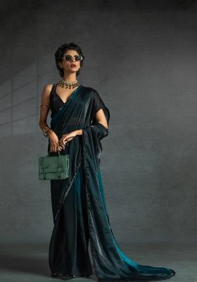 Turquoise Blue Embellished Satin Silk Saree Set With Blouse