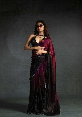 Maroon Embellished Satin Silk Saree Set With Blouse