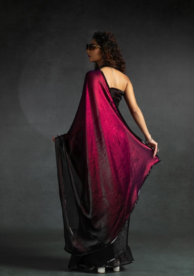 Maroon Embellished Satin Silk Saree Set With Blouse