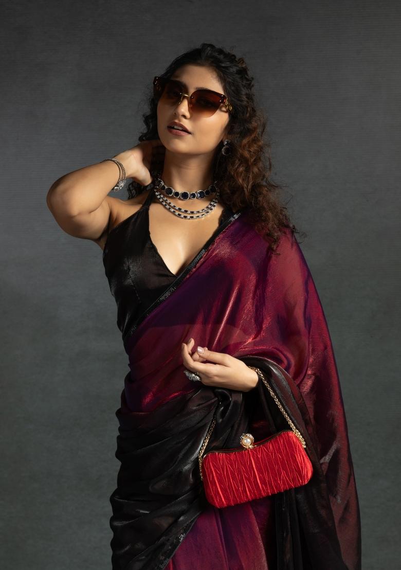 Maroon Embellished Satin Silk Saree Set With Blouse