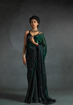 Bottle Green Embellished Satin Silk Saree Set With Blouse