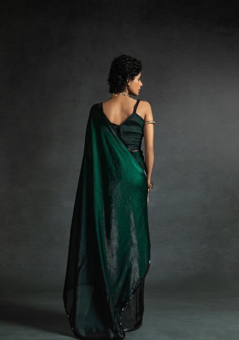 Bottle Green Embellished Satin Silk Saree Set With Blouse
