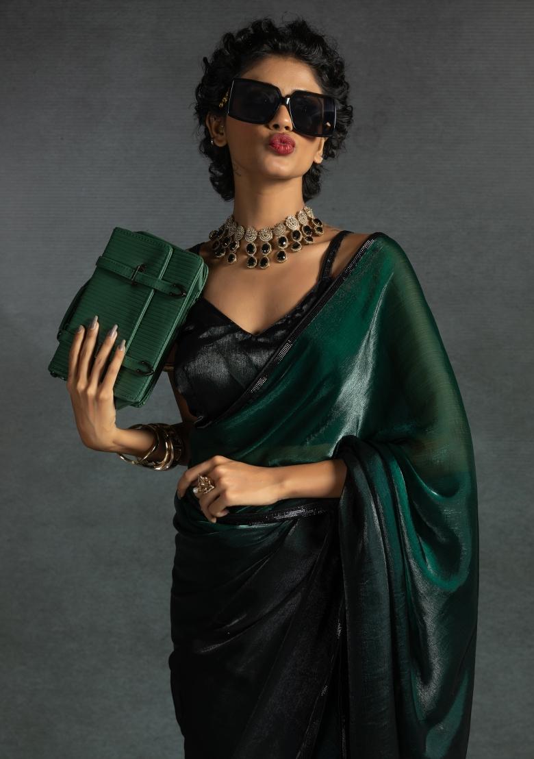 Bottle Green Embellished Satin Silk Saree Set With Blouse