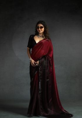 Pink Embellished Satin Silk Saree Set With Blouse