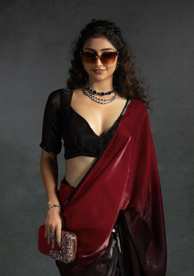 Pink Embellished Satin Silk Saree Set With Blouse