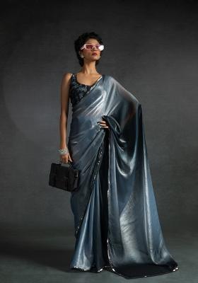 Carbon Grey Embellished Satin Silk Saree Set With Blouse
