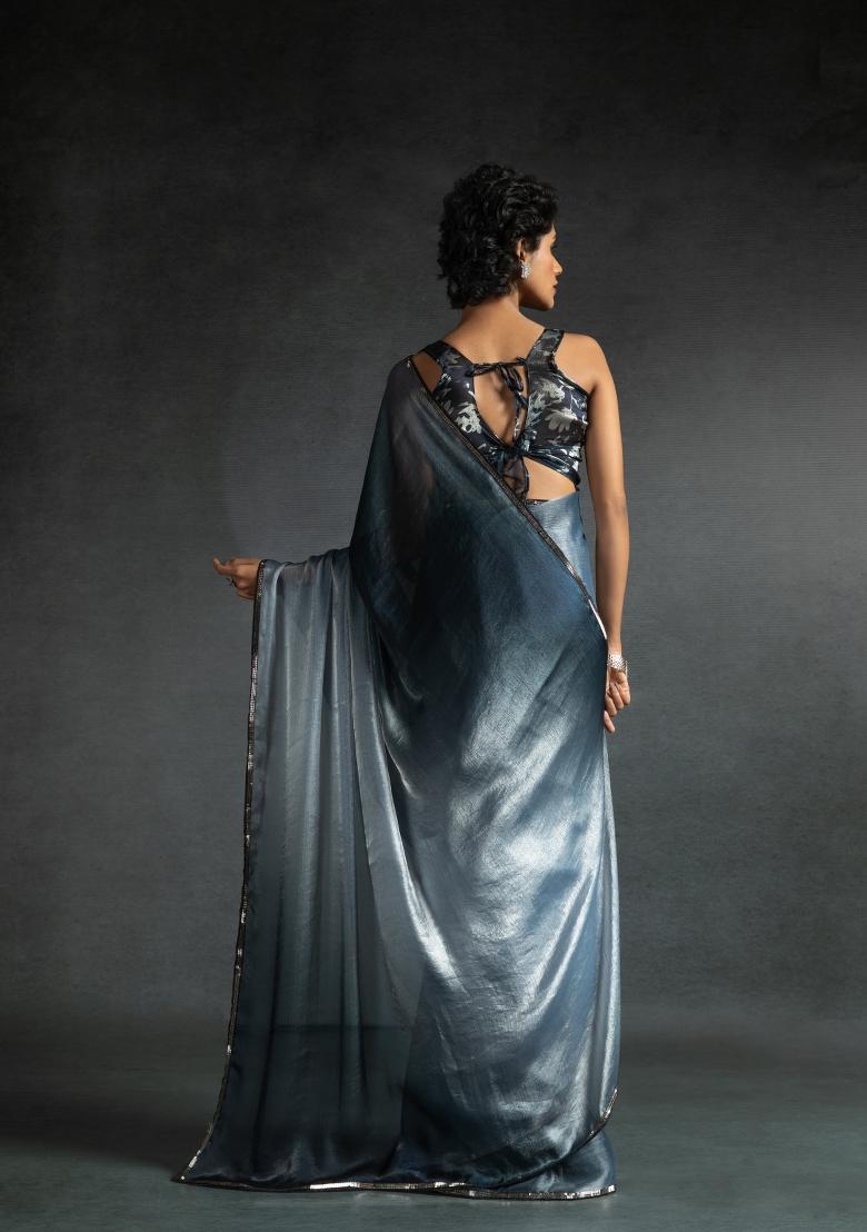 Carbon Grey Embellished Satin Silk Saree Set With Blouse