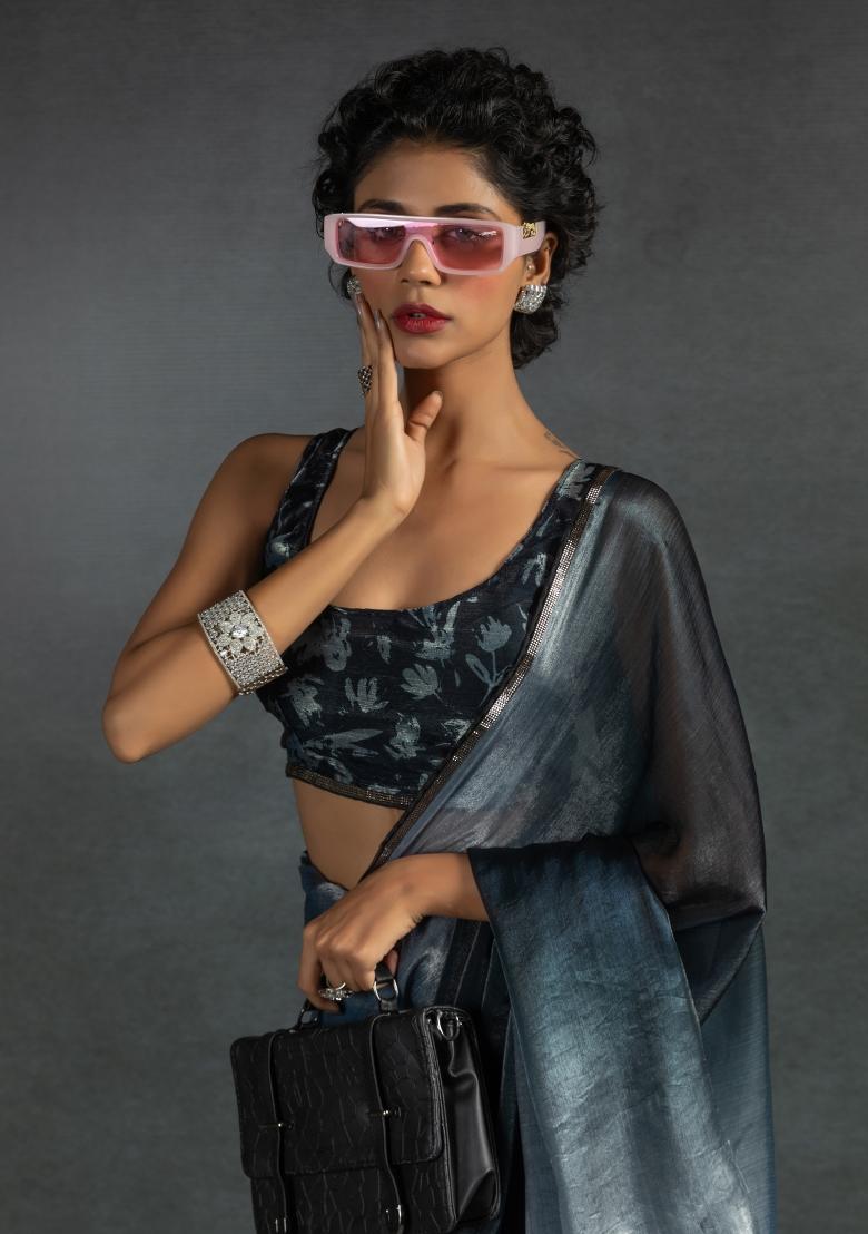 Carbon Grey Embellished Satin Silk Saree Set With Blouse