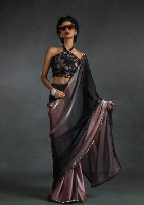 Peach Embellished Satin Silk Saree Set With Blouse