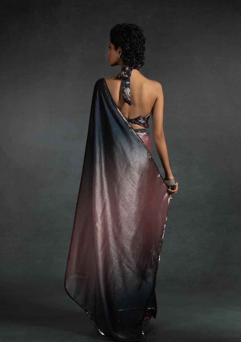 Peach Embellished Satin Silk Saree Set With Blouse