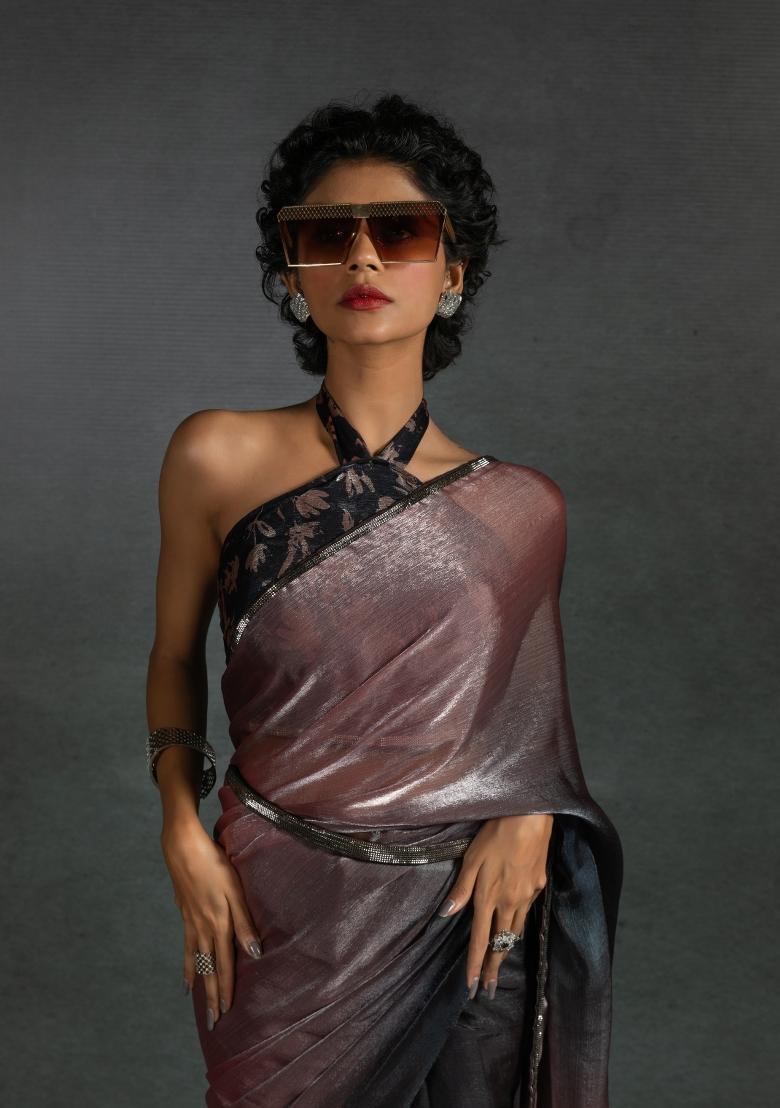 Peach Embellished Satin Silk Saree Set With Blouse