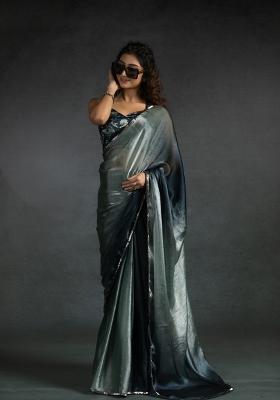 Grey Embellished Satin Silk Saree Set With Blouse