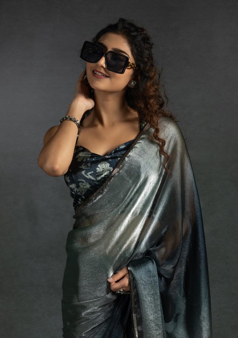 Grey Embellished Satin Silk Saree Set With Blouse