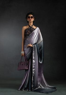 Lavender Embellished Satin Silk Saree Set With Blouse