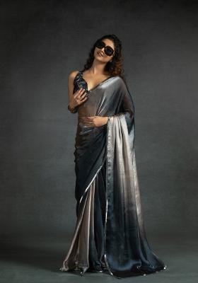 Chiku Brown Embellished Satin Silk Saree Set With Blouse