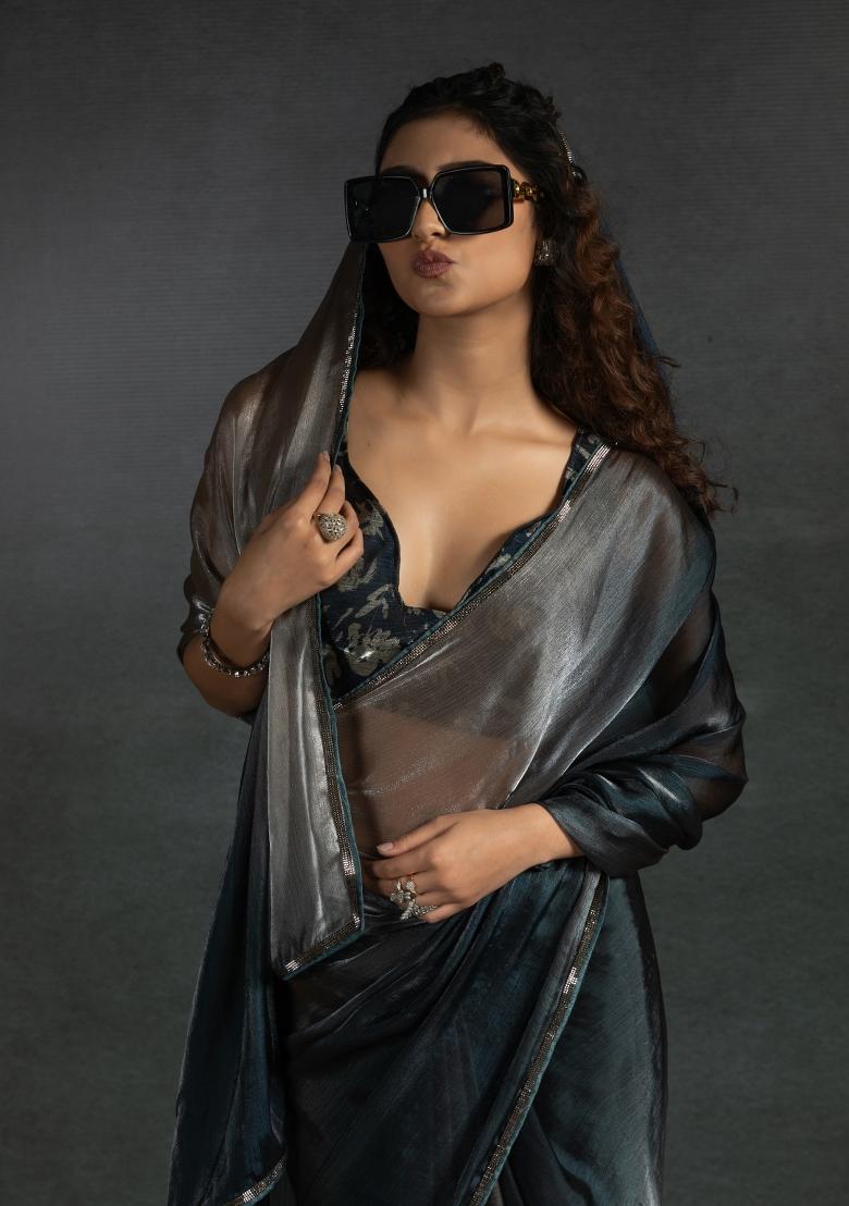 Chiku Brown Embellished Satin Silk Saree Set With Blouse