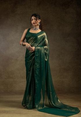 Green Solid Satin Silk Saree Set With Blouse