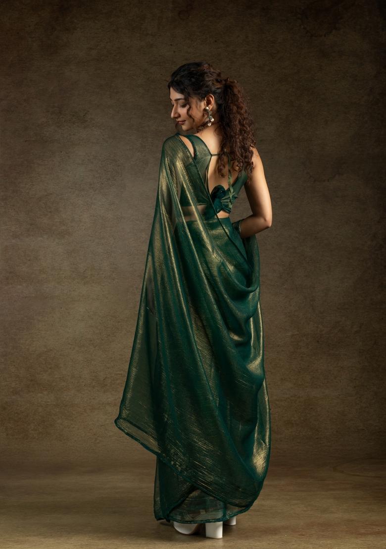 Green Solid Satin Silk Saree Set With Blouse