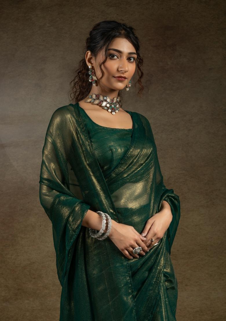 Green Solid Satin Silk Saree Set With Blouse