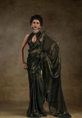 Black Solid Satin Silk Saree Set With Blouse
