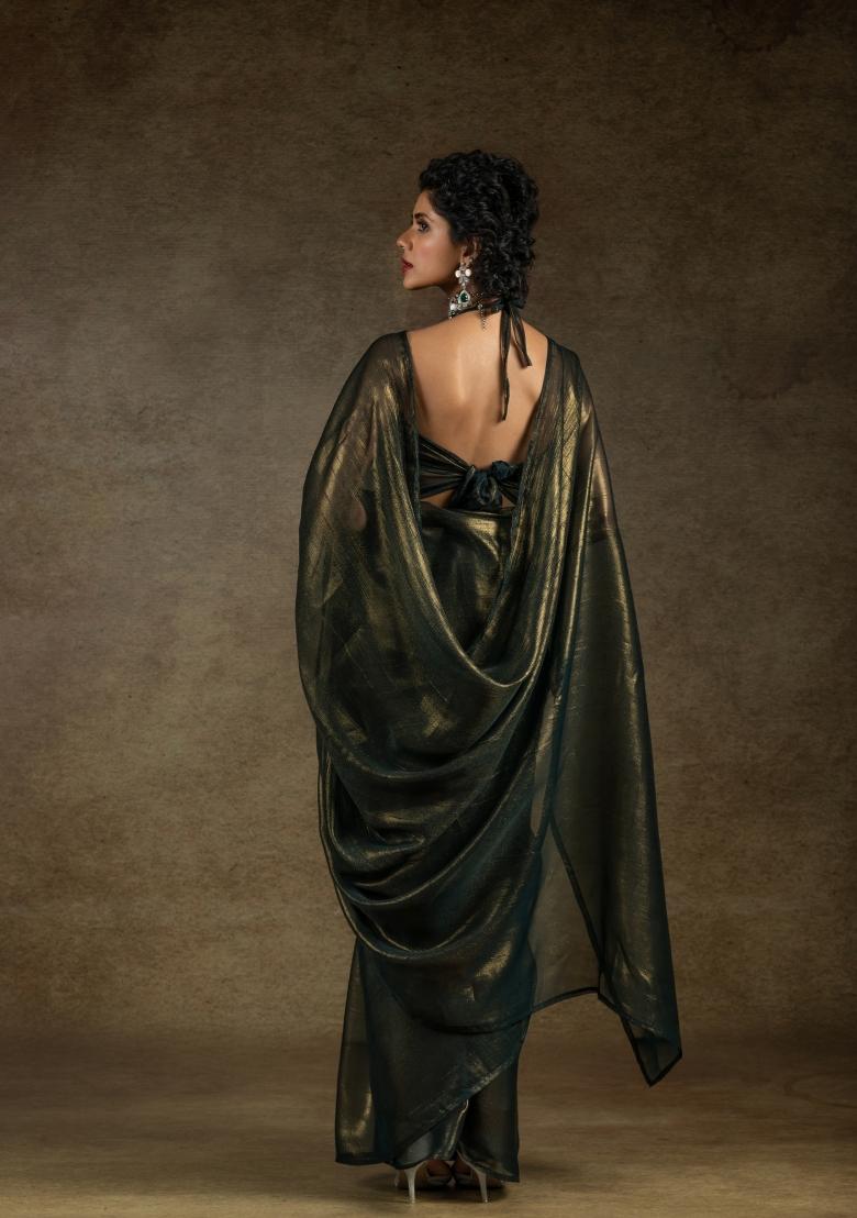 Black Solid Satin Silk Saree Set With Blouse