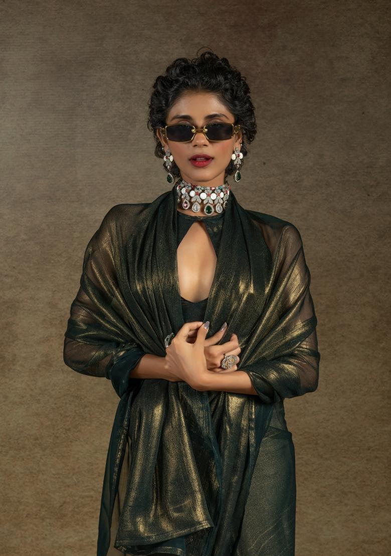 Black Solid Satin Silk Saree Set With Blouse