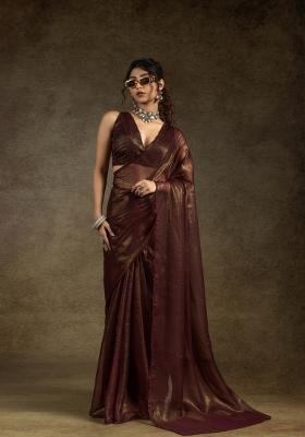 Brown Solid Satin Silk Saree Set With Blouse