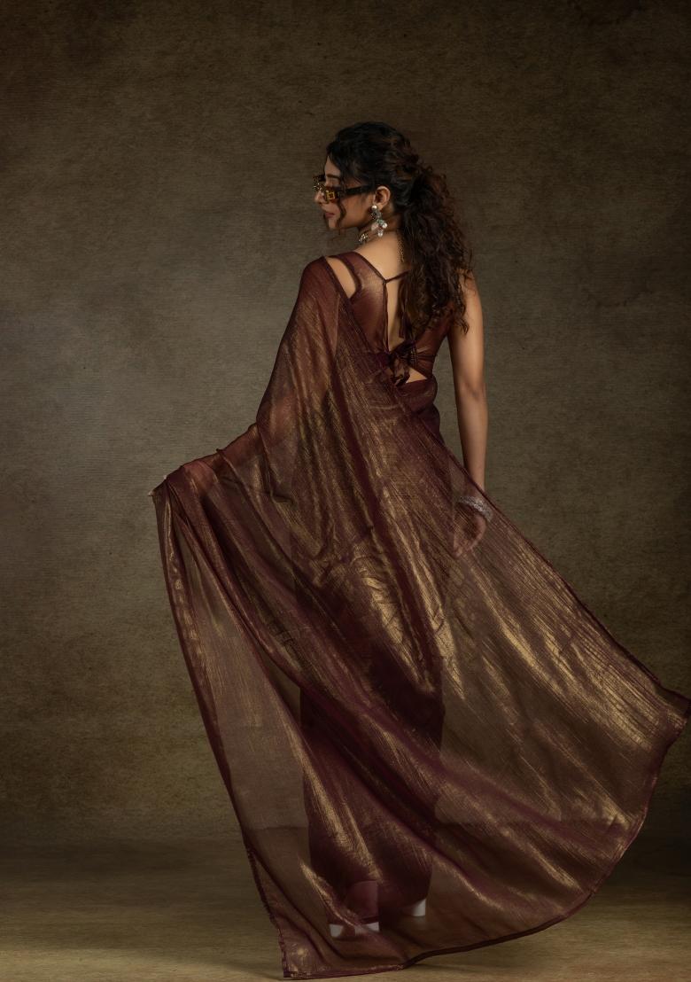 Brown Solid Satin Silk Saree Set With Blouse