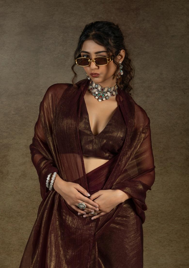 Brown Solid Satin Silk Saree Set With Blouse