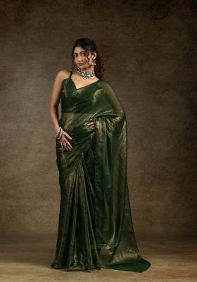 Bottle Green Solid Satin Silk Saree Set With Blouse
