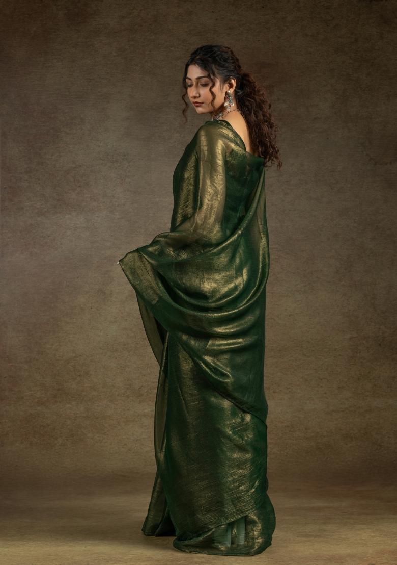 Bottle Green Solid Satin Silk Saree Set With Blouse