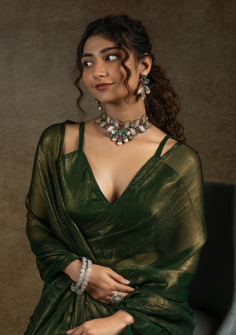 Bottle Green Solid Satin Silk Saree Set With Blouse