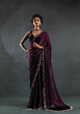 Wine Embellished Satin Silk Saree Set With Blouse