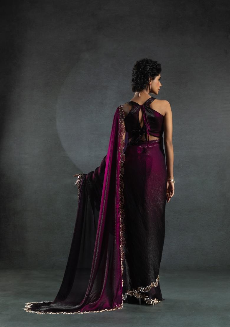 Wine Embellished Satin Silk Saree Set With Blouse