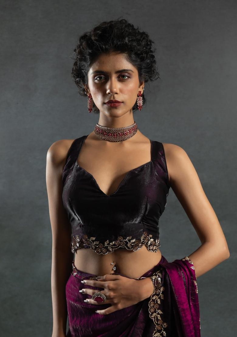 Wine Embellished Satin Silk Saree Set With Blouse