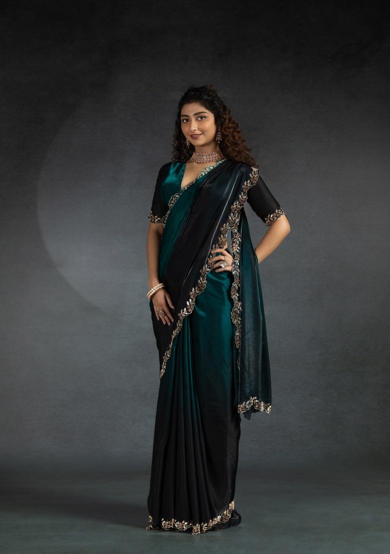 Turquoise Blue Embellished Satin Silk Saree Set With Blouse