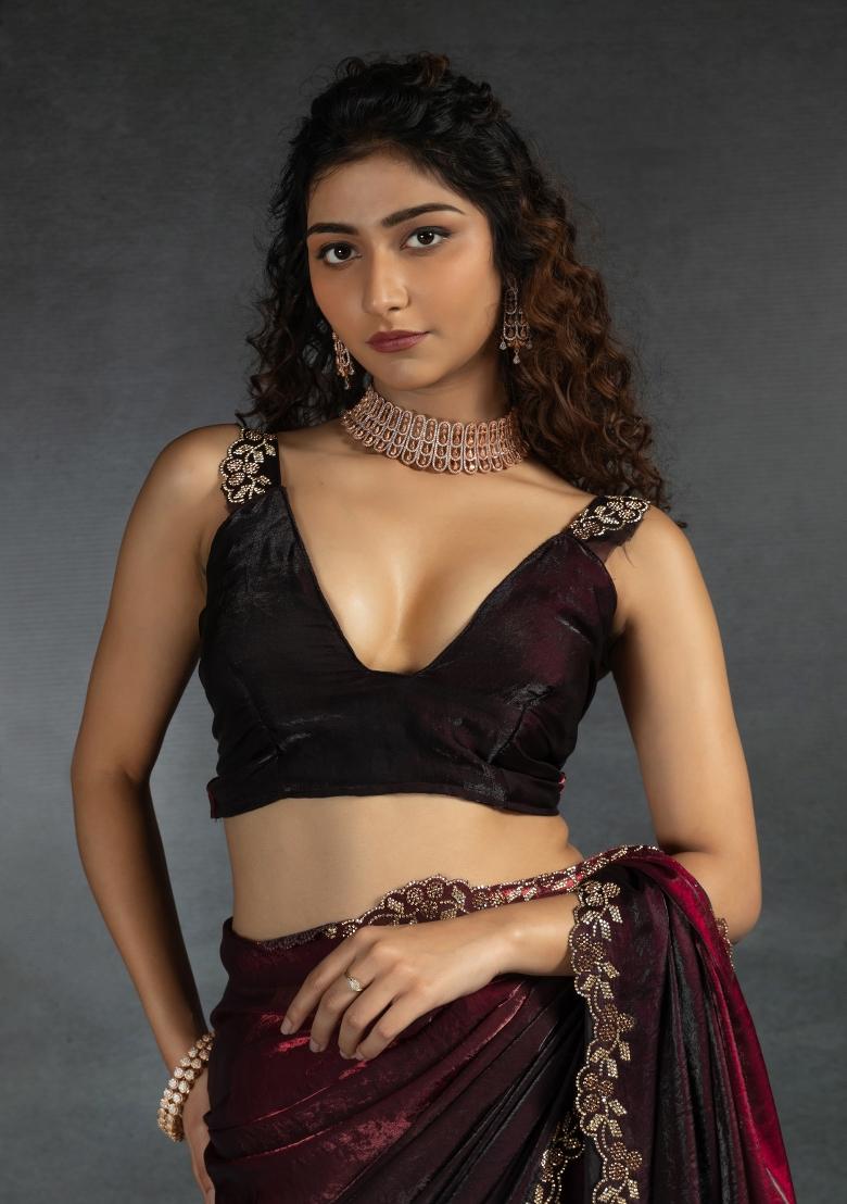 Maroon Embellished Satin Silk Saree Set With Blouse