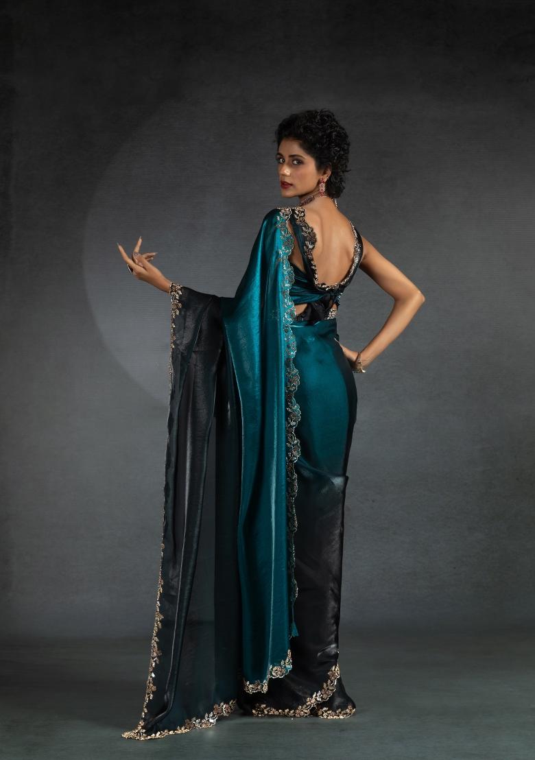 Rama Green Embellished Satin Silk Saree Set With Blouse