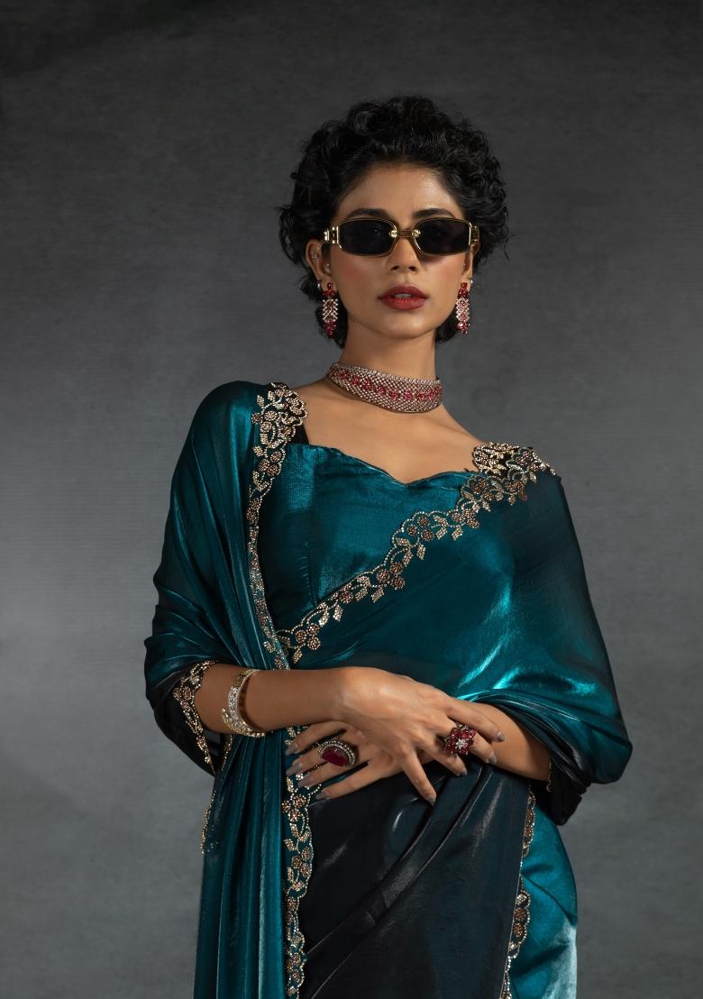 Rama Green Embellished Satin Silk Saree Set With Blouse